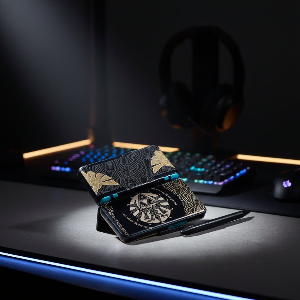 Black and gold Ember Glow New 2DS XL housing open on a stand at an RGB gaming desk - ModxGaming UK