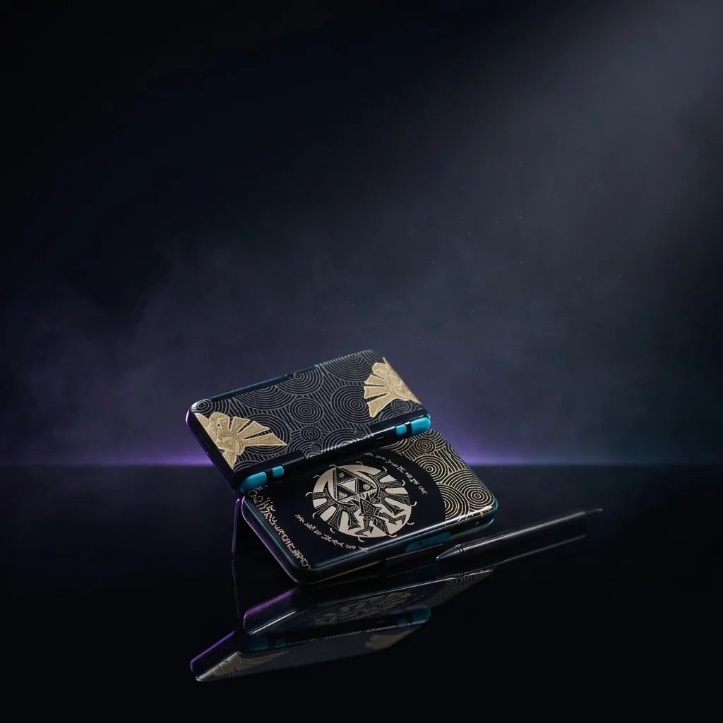 Ember Glow New 2DS XL replacement shell in black with an ornate gold emblem and teal buttons