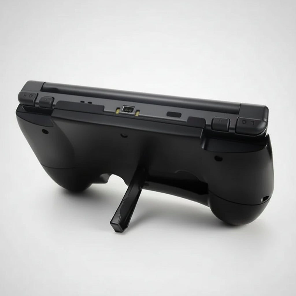 Black ergonomic hand grip for 3DS XL with fold-out kickstand, rear view, modded 3DS XL grip bundle UK