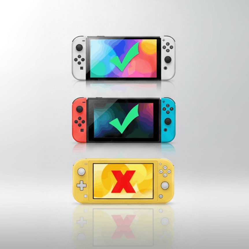 Flip Grip compatibility chart – fits Nintendo Switch and Switch OLED, not compatible with Switch Lite