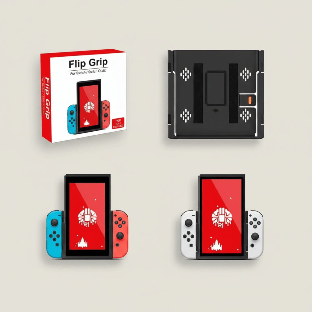 Flip Grip retail box and vertical bracket shown with Nintendo Switch and Switch OLED – portrait mode grip accessory