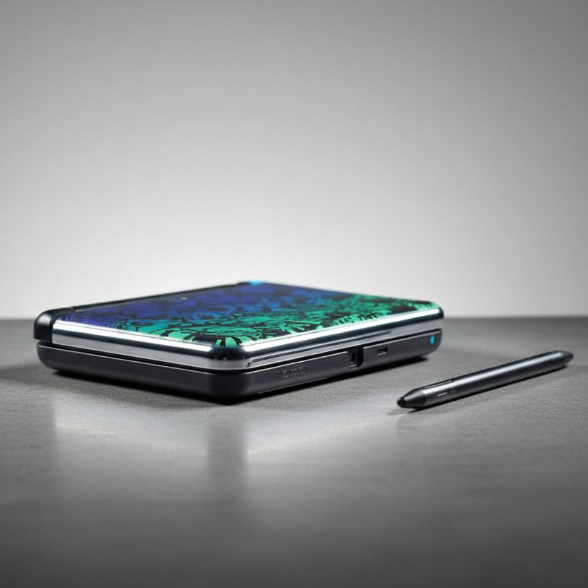 Frost Byte New 2DS XL shell showing its green-teal frost pattern and chrome trim, angled view