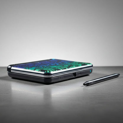 Frost Byte New 2DS XL shell showing its green-teal frost pattern and chrome trim, angled view