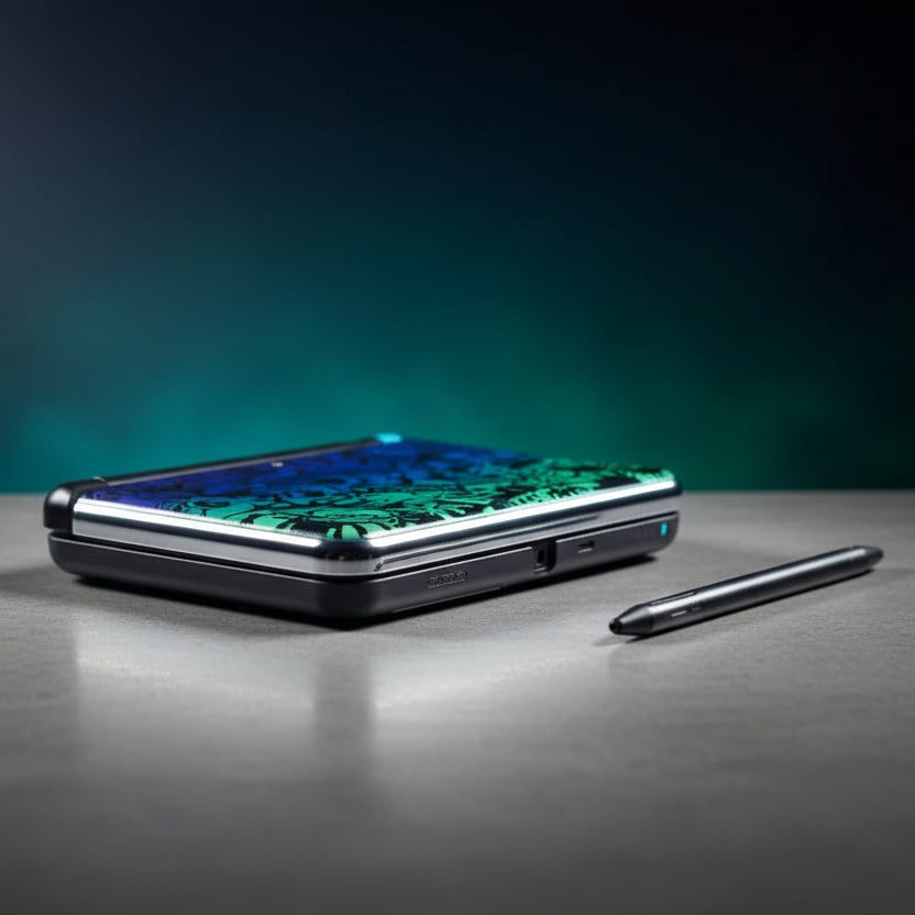 Black Frost Byte New 2DS XL housing with an icy green marble lid on a teal-lit gaming desk - ModxGaming UK