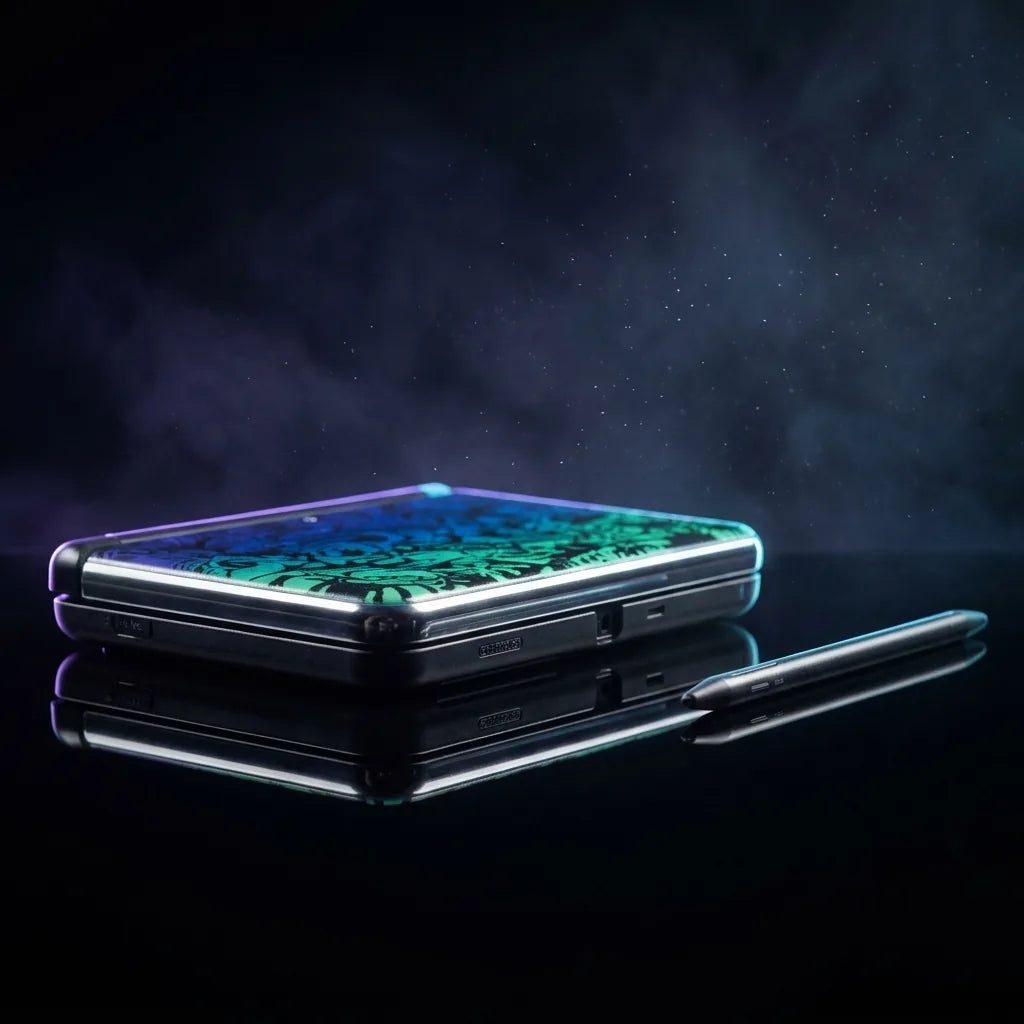 Frost Byte New 2DS XL replacement shell in black with a green and teal marbled frost lid design