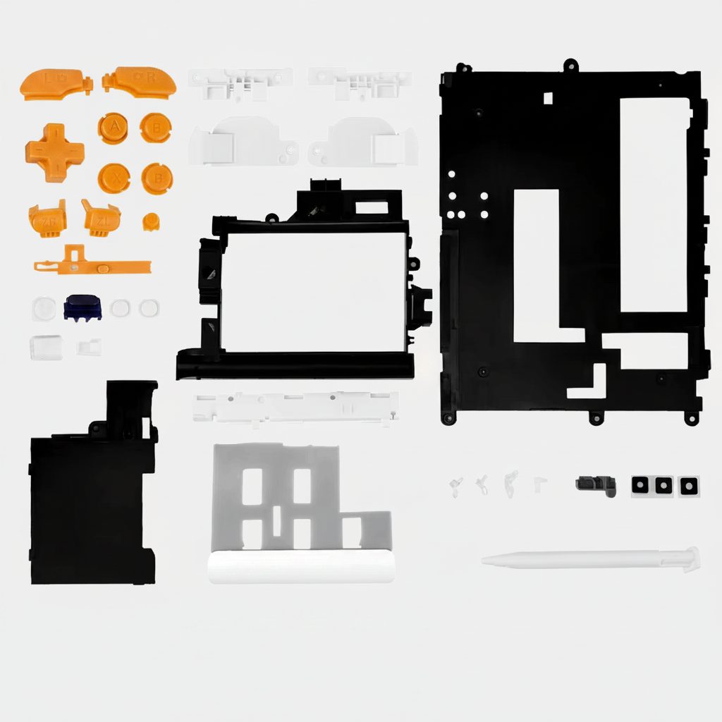 Orange replacement buttons and black housing components for the Ghost Signal New 2DS XL shell
