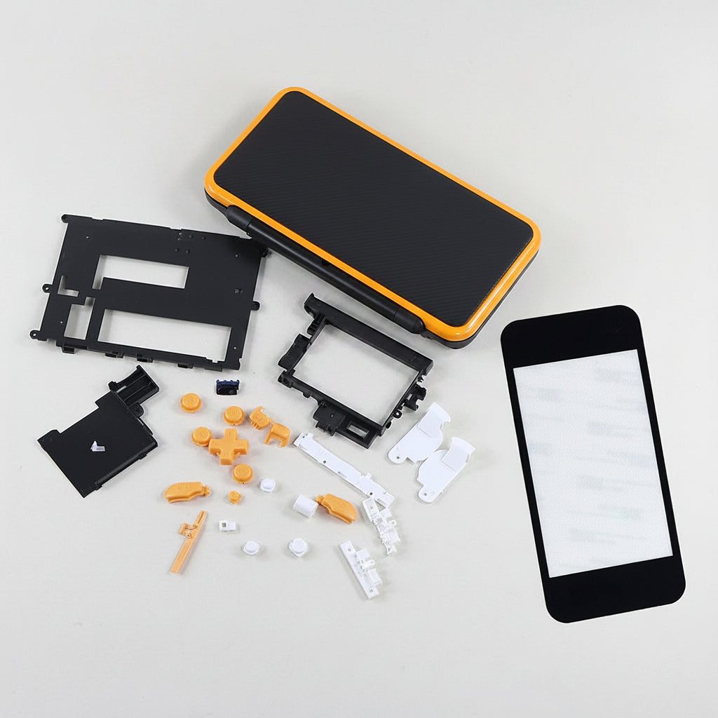 Complete Ghost Signal New 2DS XL shell kit with orange buttons, black panels and a fitted screen