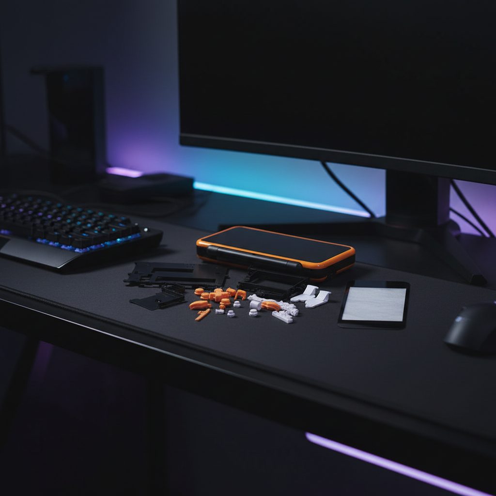 Black and orange Ghost Signal New 2DS XL housing displayed on an RGB-lit gaming desk setup