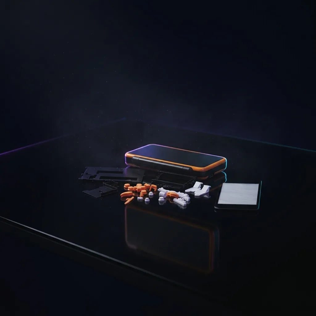 Ghost Signal New 2DS XL replacement shell in black with orange trim and floating parts - ModxGaming UK