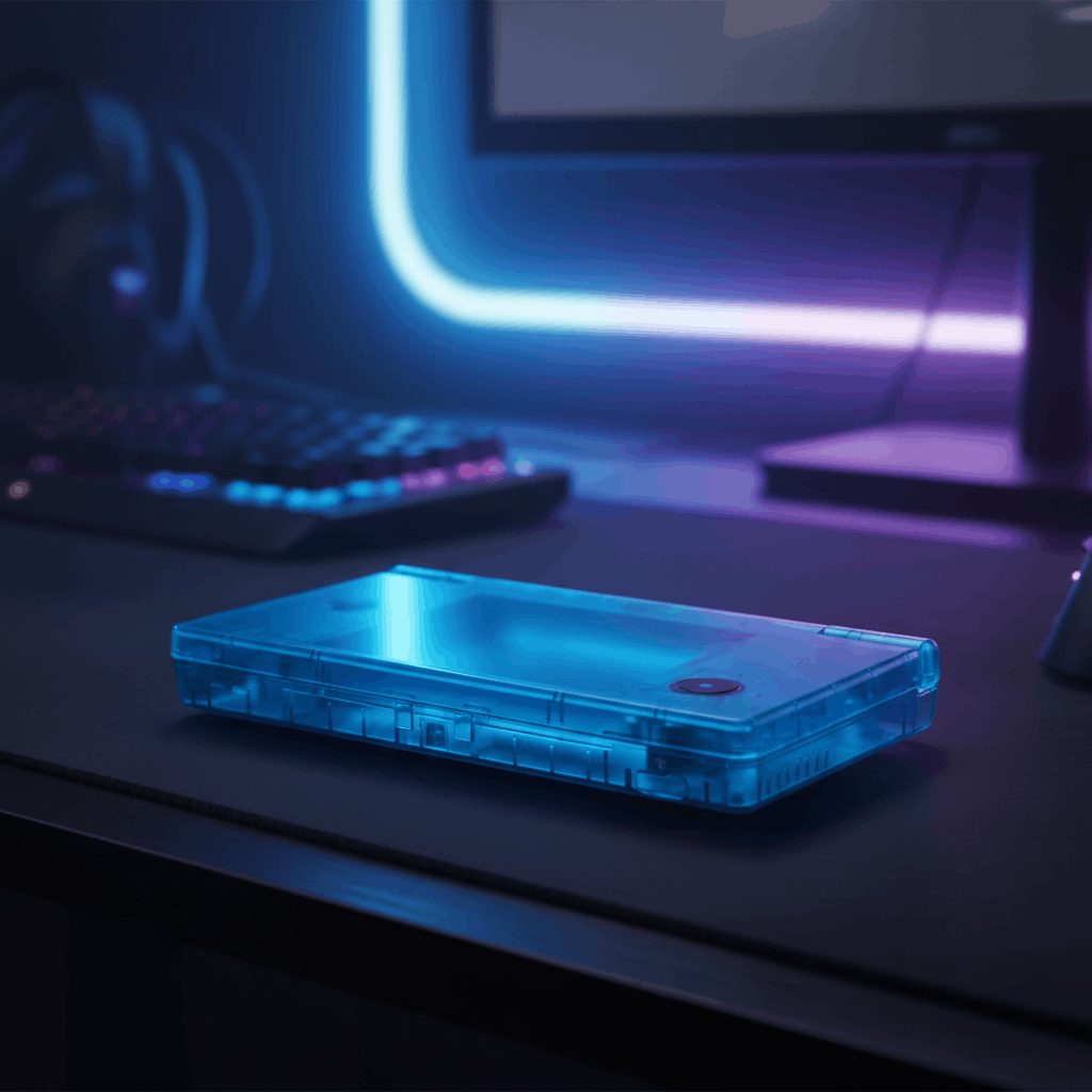 Transparent blue Glacier Tide DSi housing on a gaming desk with neon lighting - ModxGaming UK