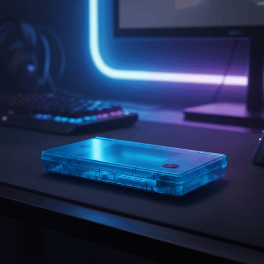 Transparent blue Glacier Tide DSi housing on a gaming desk with neon lighting - ModxGaming UK