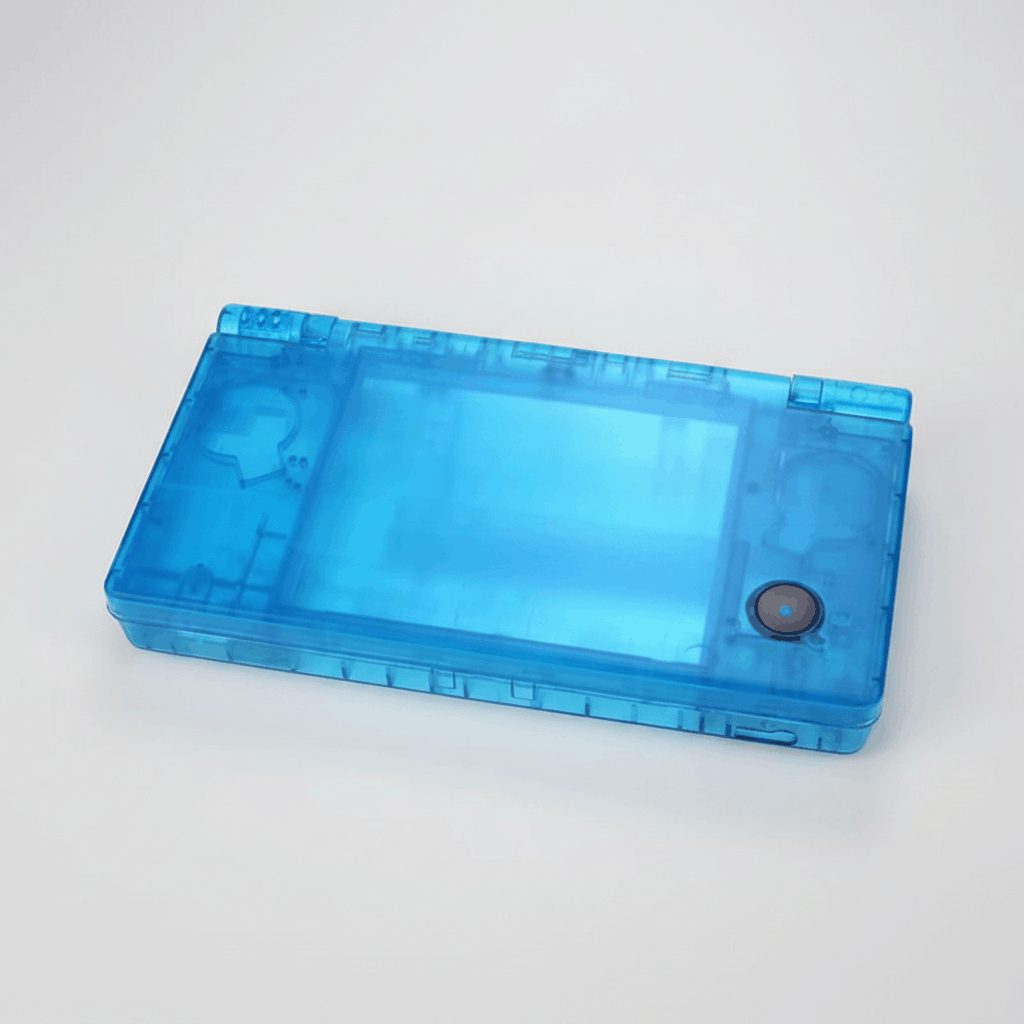 Glacier Tide Bundle see-through blue DSi replacement shell shown open on white, full housing kit