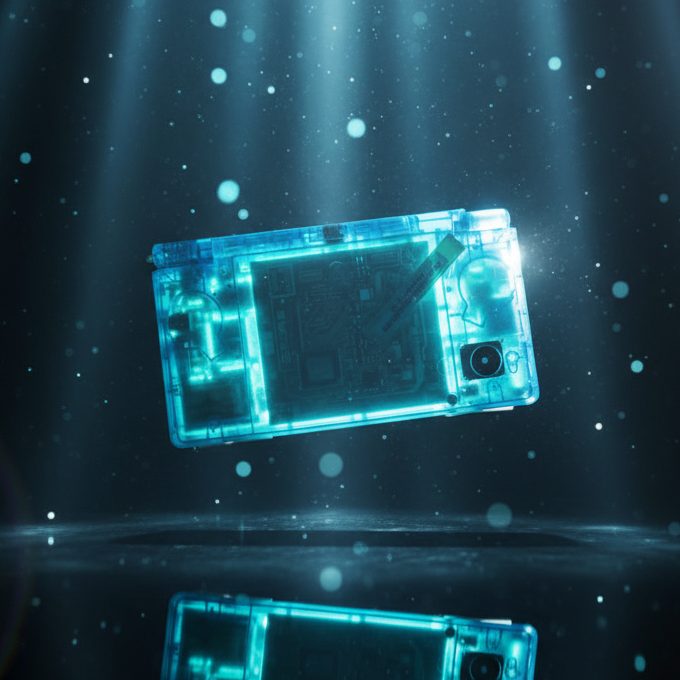 Clear blue Glacier Tide DSi housing lit with light beams, see-through modded Nintendo DSi shell