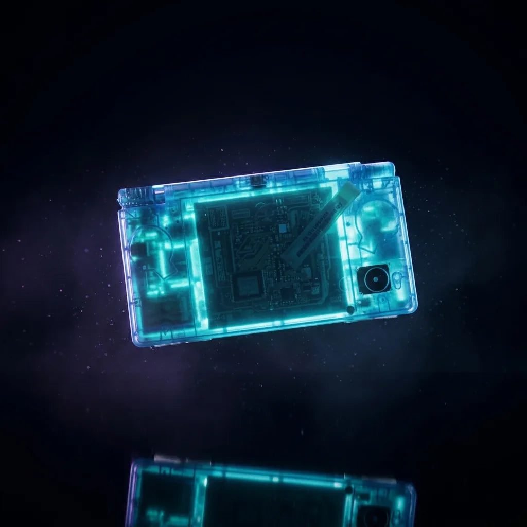 Glacier Tide transparent blue DSi shell glowing cyan, back housing showing the board on a dark bg