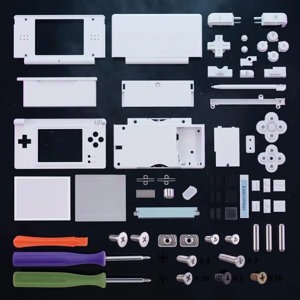 Glacier white DS Lite replacement shell kit parts flat-laid on a dark background, complete ModxGaming UK housing set