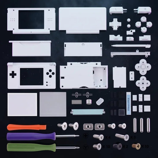 Glacier white DS Lite replacement shell kit parts flat-laid on a dark background, complete ModxGaming UK housing set