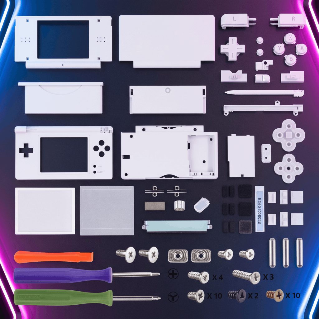 White Nintendo DS Lite replacement housing components on a purple RGB neon backdrop, full ModxGaming UK kit