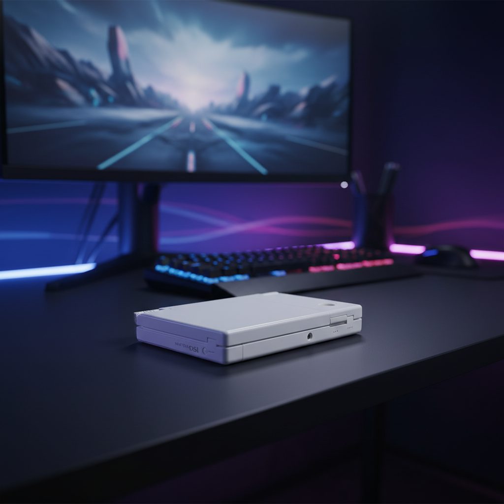 Pearl white Glacier White DSi housing on a gaming desk with a scenic monitor - ModxGaming UK