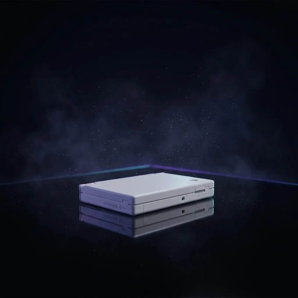Glacier White DSi replacement shell in pearl white on a dark starfield, clean console housing