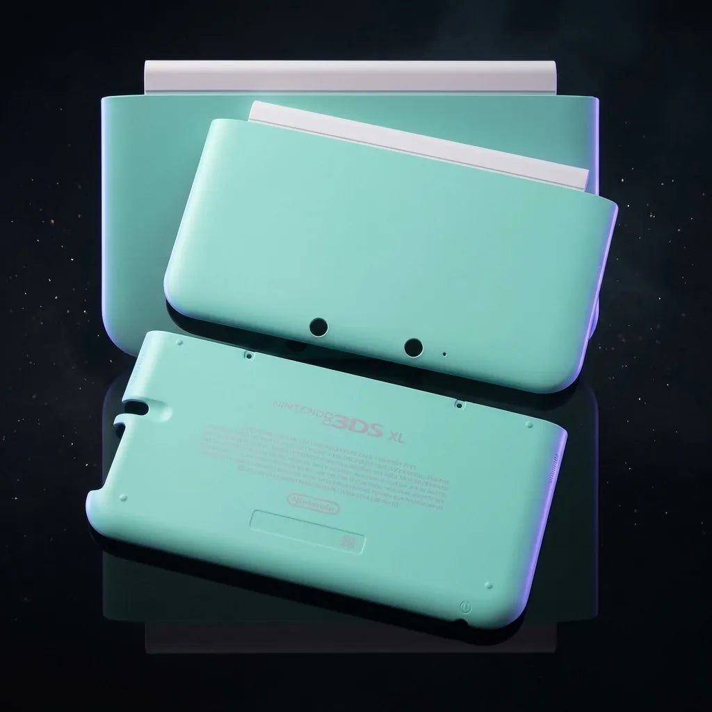 Mint green Nintendo 3DS XL replacement housing shell top and bottom covers on a dark backdrop, ModxGaming UK