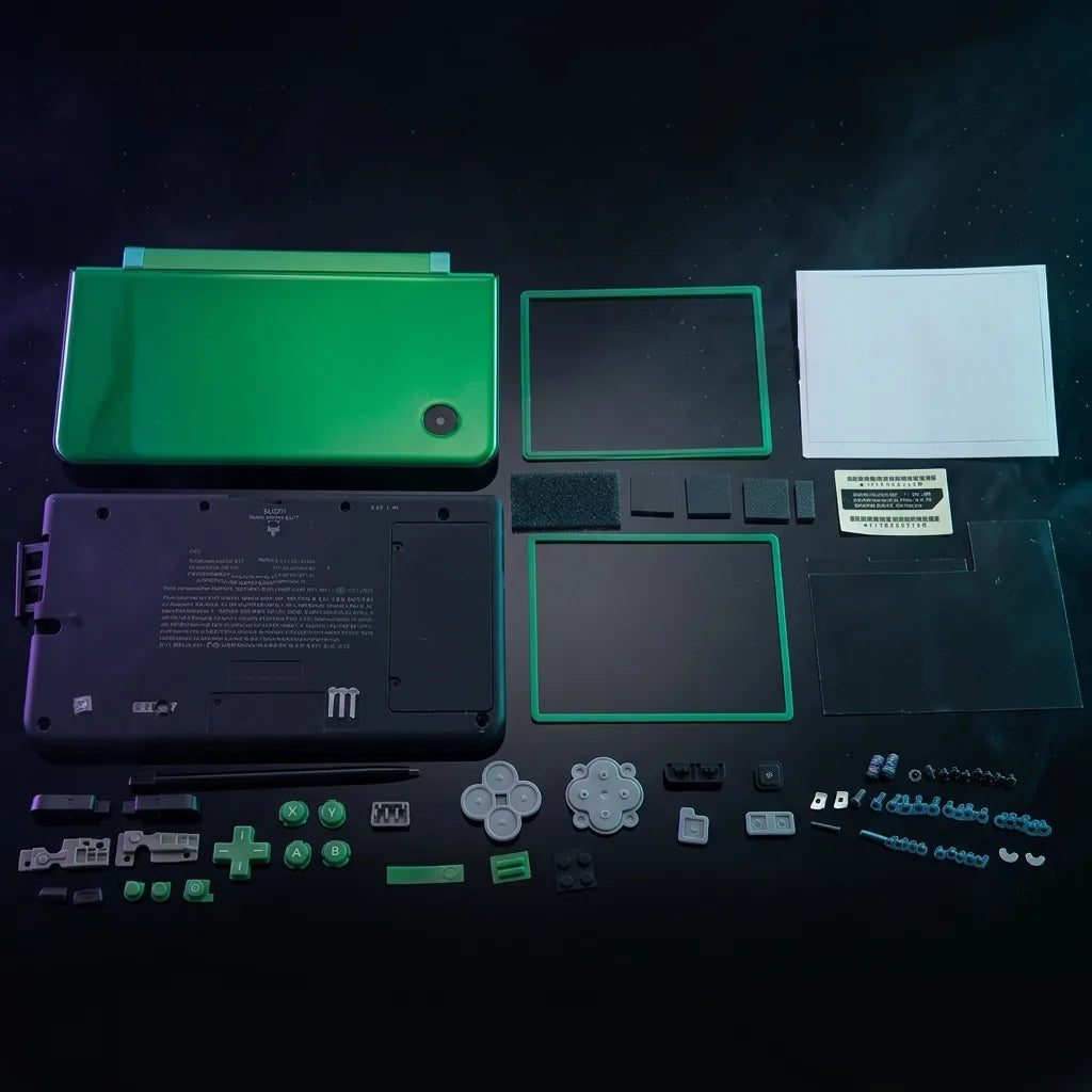 Metallic green Nintendo DSi XL replacement shell kit laid out on a smoky dark studio background, ModxGaming UK housing