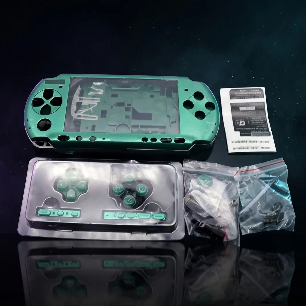 Green PSP 2000/3000 Slim replacement shell kit laid out with buttons and screws, modded PSP housing UK