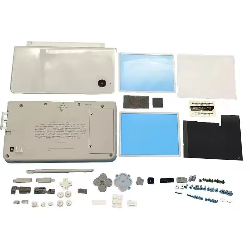 Off white Nintendo DSi XL replacement housing with blue screen lenses shown on a white background, from ModxGaming UK