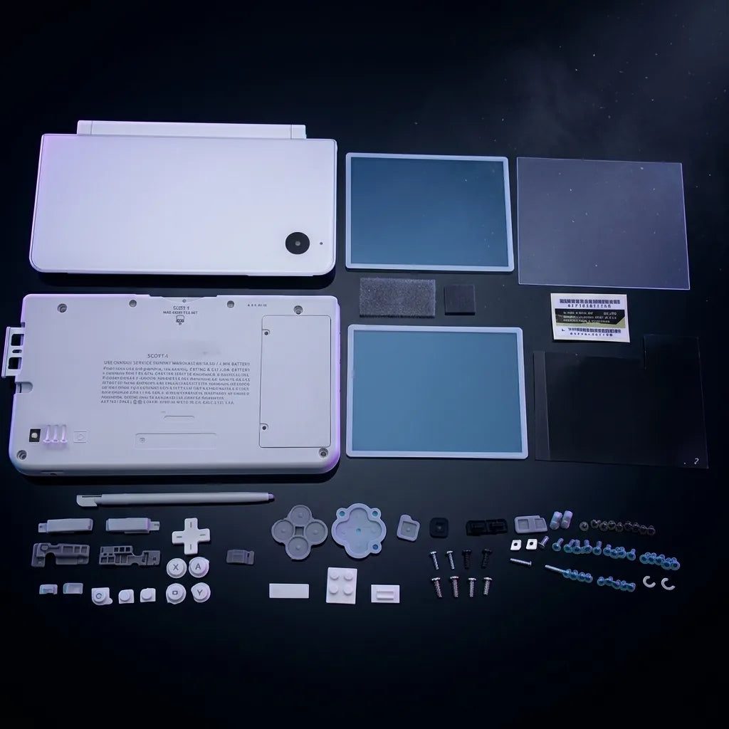 Grey white Nintendo DSi XL replacement shell kit with lenses and buttons on a dark studio background - ModxGaming UK