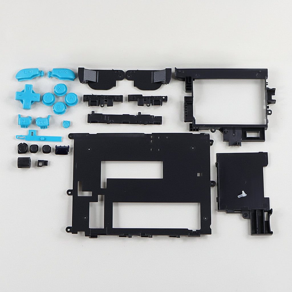 Teal replacement button set and black inner housing pieces for the Hyper Flux New 2DS XL shell