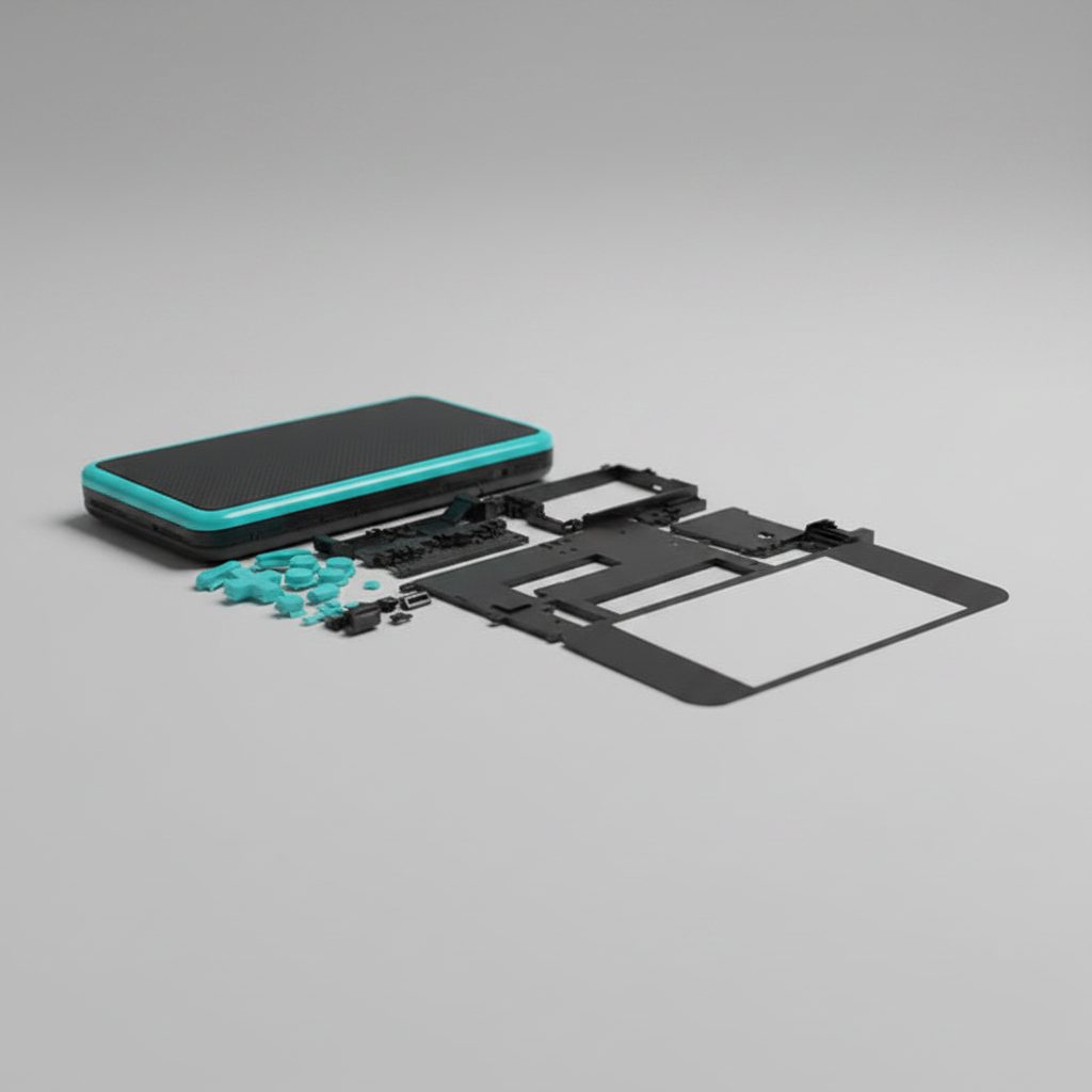Full Hyper Flux New 2DS XL shell kit laid out with teal replacement buttons and black housing panels