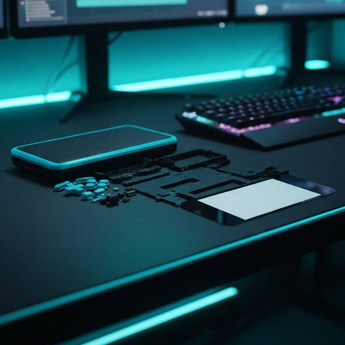 Black Hyper Flux New 2DS XL housing with teal edging shown on a cyan-lit RGB gaming desk setup
