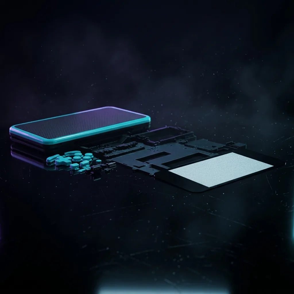 Hyper Flux New 2DS XL replacement shell in black with cyan trim, exploded parts floating - ModxGaming UK