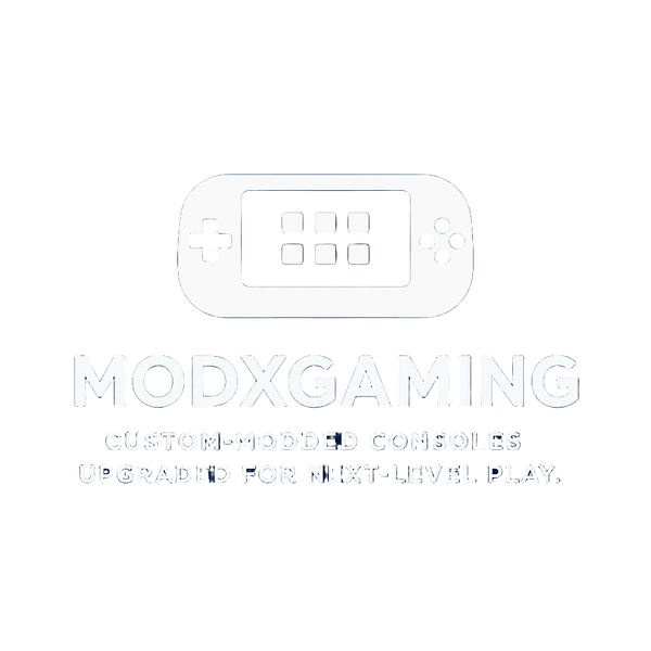 MODXGAMING logo with a console icon on a dark blue background Hnadheld Gaming Website logo taht sells modded custom firmware sd card and accessories