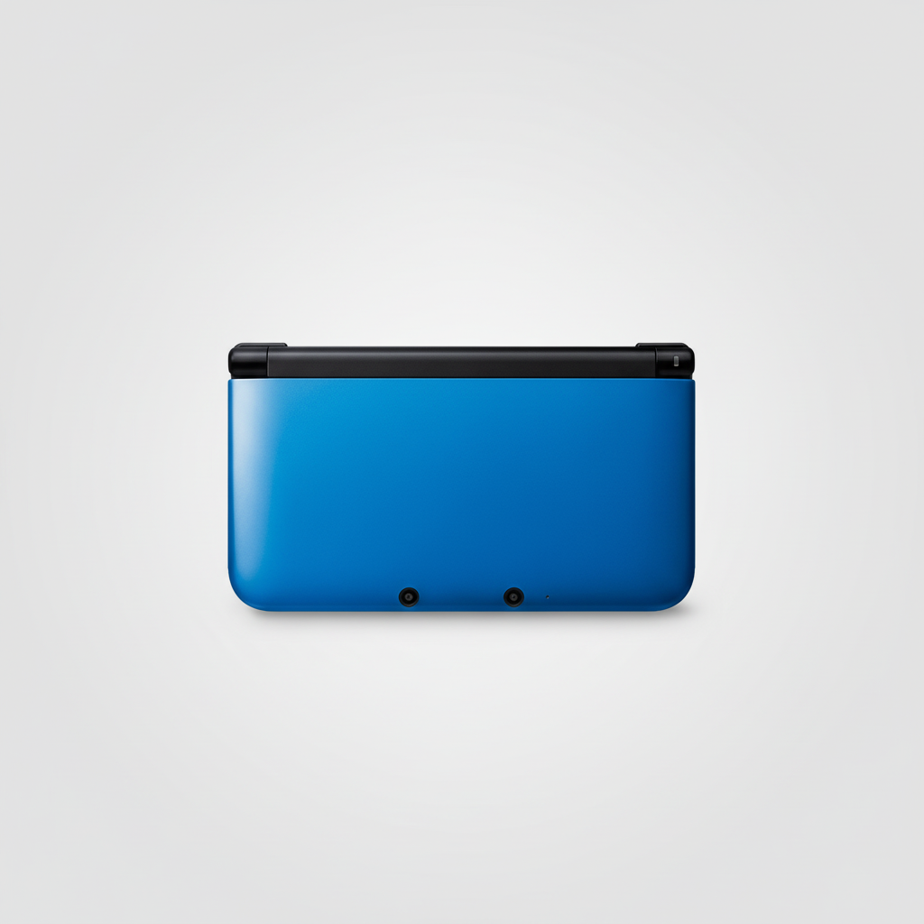 Blue gaming console with black top on a light gray background Black handheld gaming device with a screen displaying a game on a gray background Modified Nintendo 3DS XL with custom firmware, Luma3DS, homebrew apps, emulators, customizable themes, and enhanced performance features.