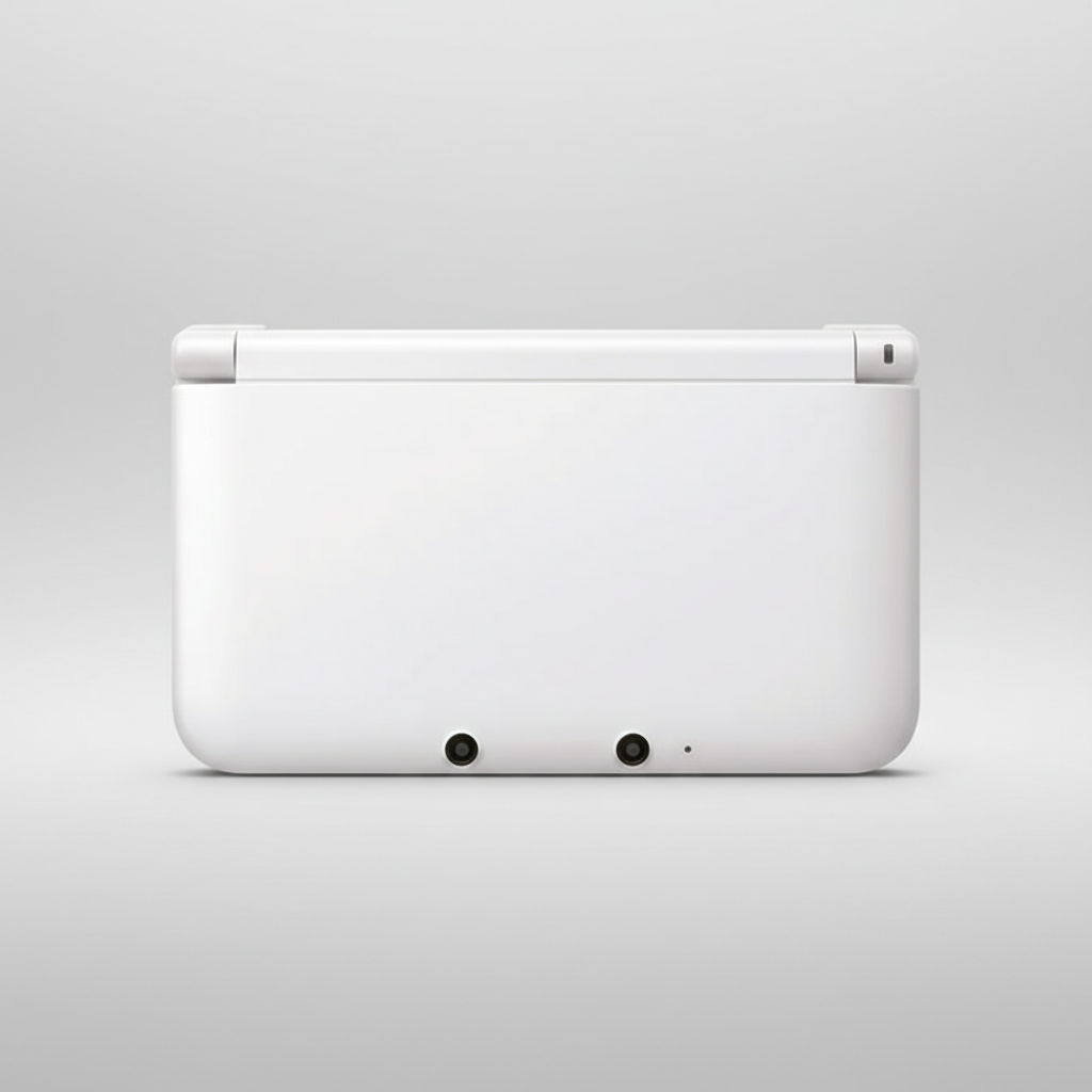 White electronic device on a gray background Black handheld gaming device with a screen displaying a game on a gray background Modified Nintendo 3DS XL with custom firmware, Luma3DS, homebrew apps, emulators, customizable themes, and enhanced performance features.