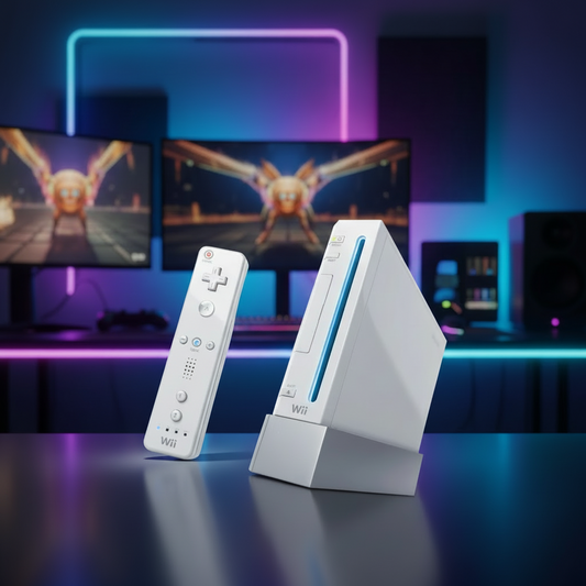 Wii console and remote control with gaming setup in the background. Modded Nintendo Wii console with custom firmware and pre-installed games - homebrew ready with 64GB 128GB 256GB SD card options