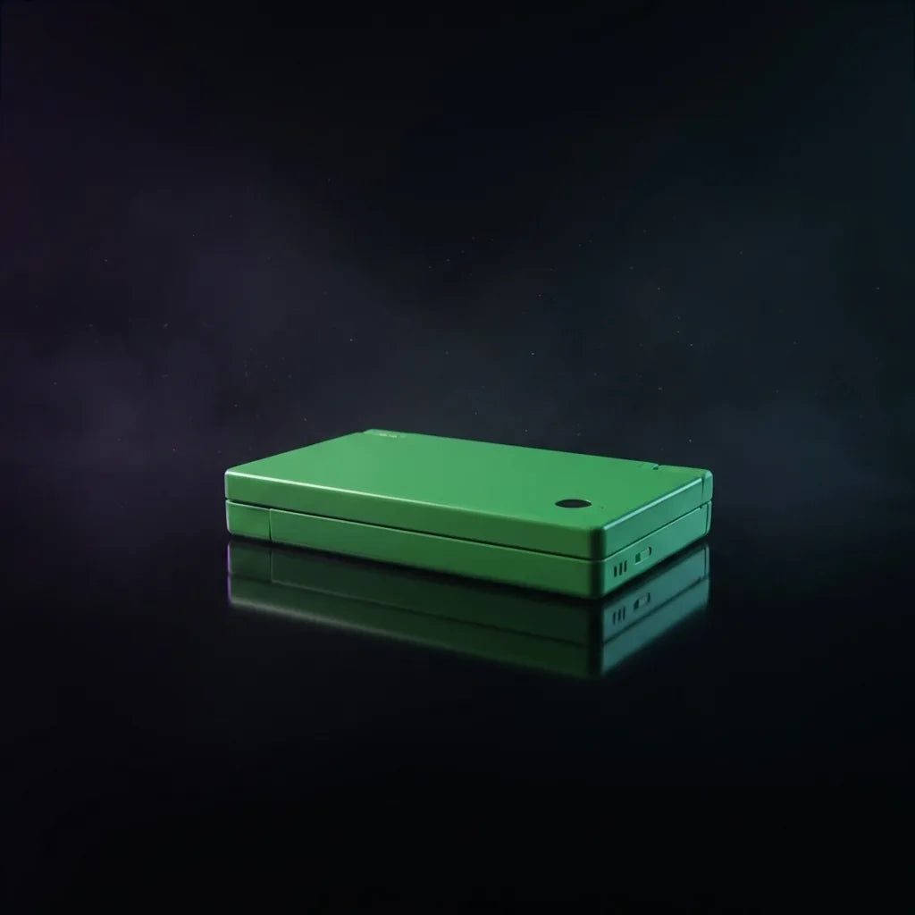 Jade Venom DSi replacement shell in glossy jade green, closed console on a dark smoky background