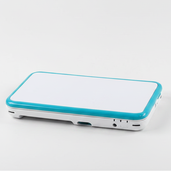 Assembled Laser Fade New 2DS XL shell in white with a bright teal trim edge, side angle view