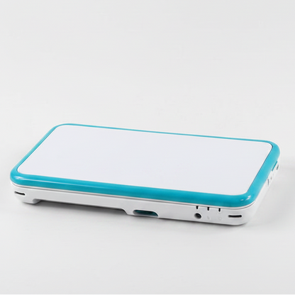 Assembled Laser Fade New 2DS XL shell in white with a bright teal trim edge, side angle view