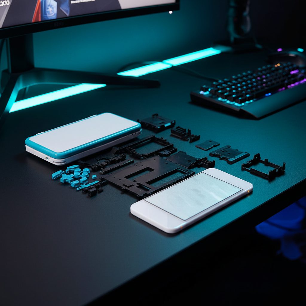 White Laser Fade New 2DS XL housing with cyan edging on a teal-lit gaming desk - ModxGaming UK