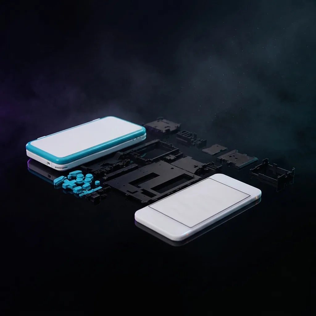 Laser Fade New 2DS XL replacement shell in white with teal trim, parts exploded in dramatic light