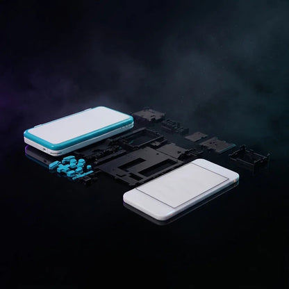 Laser Fade New 2DS XL replacement shell in white with teal trim, parts exploded in dramatic light