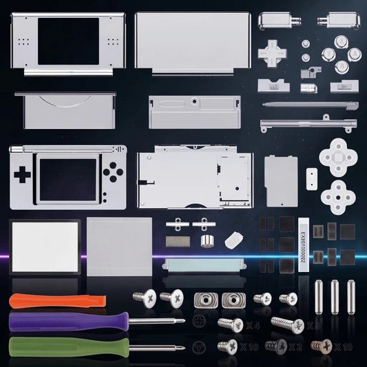 Lunar Chrome silver DS Lite replacement shell kit with buttons, D-pad and screwdrivers on a dark gaming desk, UK