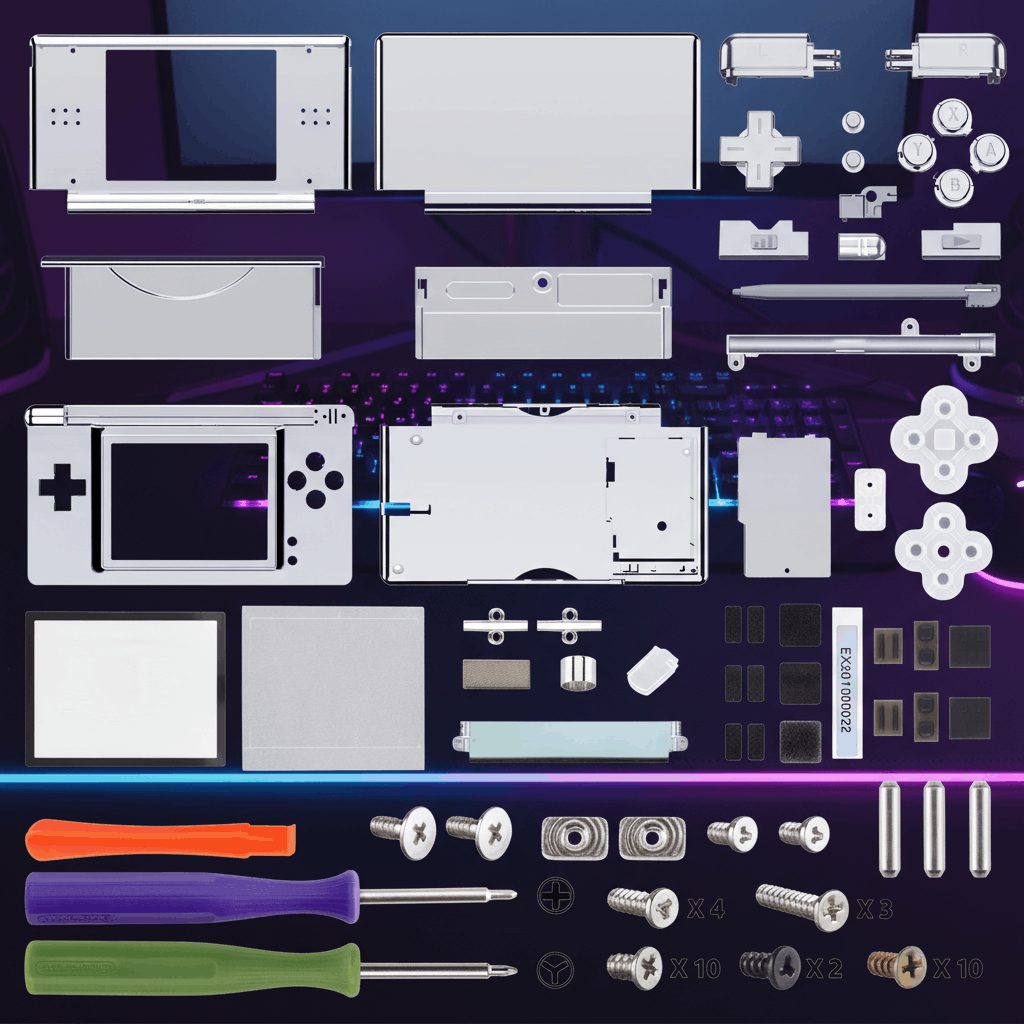 Lunar Chrome DS Lite aftermarket housing kit with chrome silver faceplates under purple neon lighting, custom DS Lite case UK