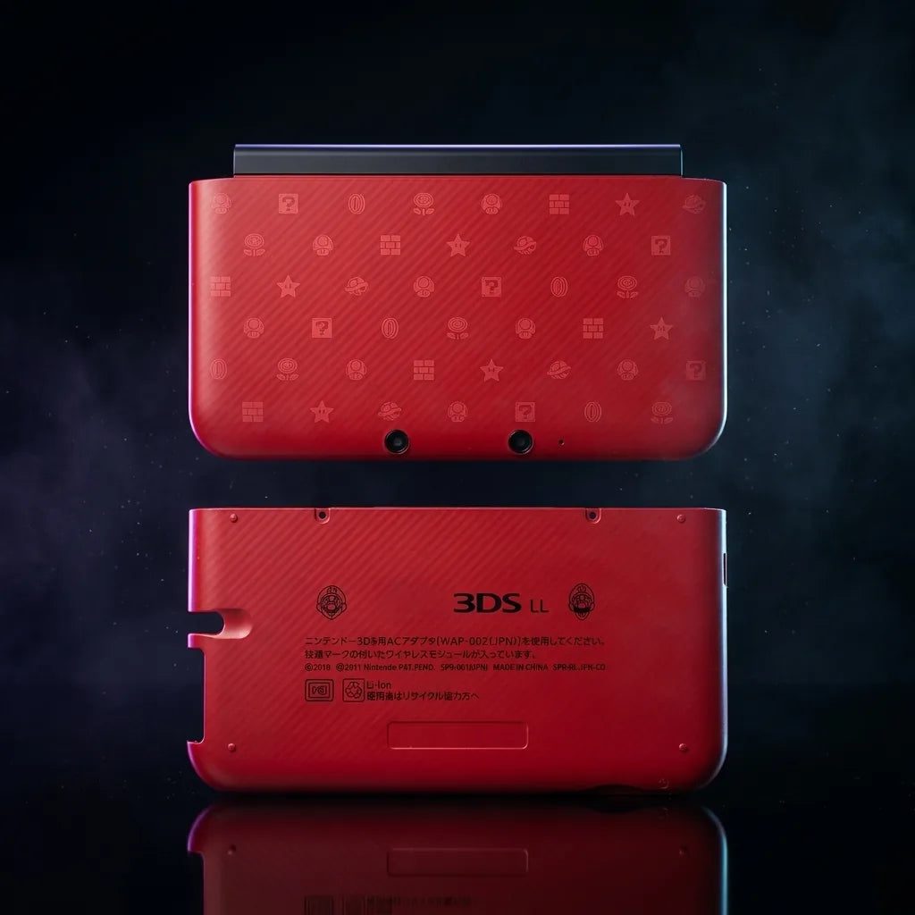 Mario Edition red Nintendo 3DS XL replacement housing shell with star pattern top cover on a dark backdrop, UK