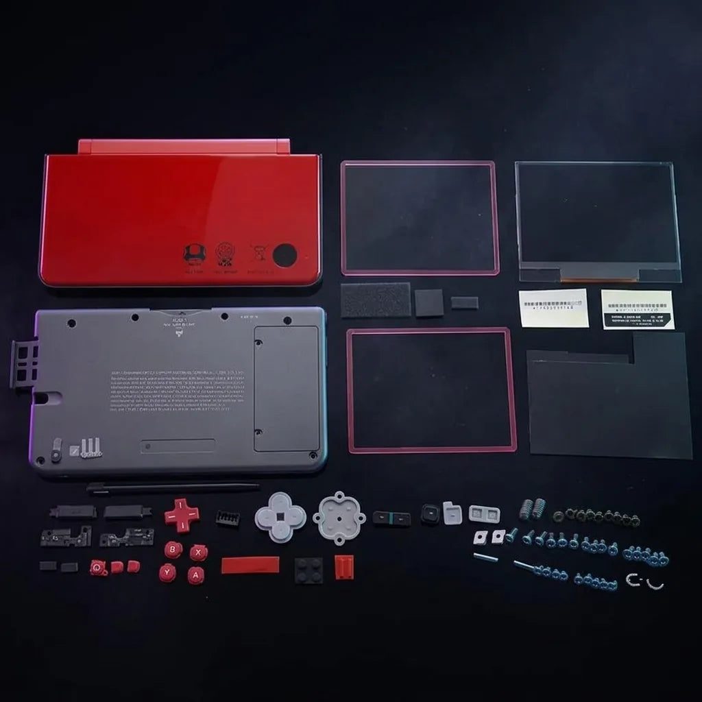 Mario red Nintendo DSi XL replacement shell with grey base, buttons and lenses on a dark background, ModxGaming UK