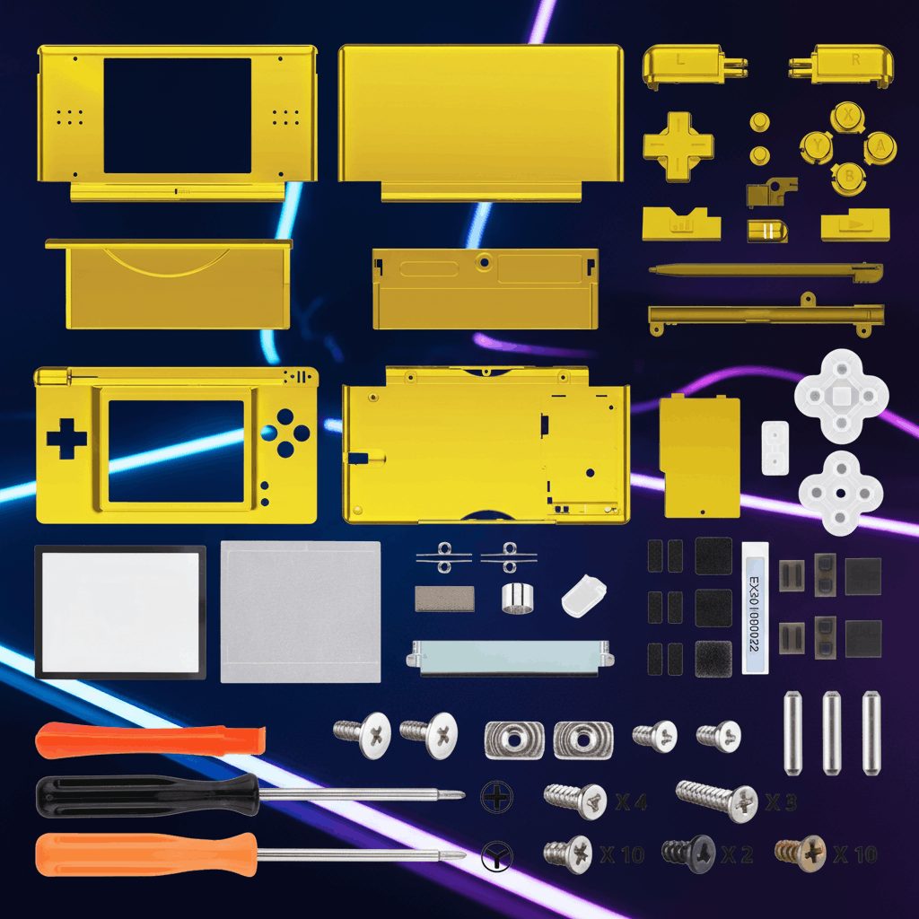 Gold mirror-finish Nintendo DS Lite replacement housing components on a purple RGB neon backdrop, ModxGaming UK