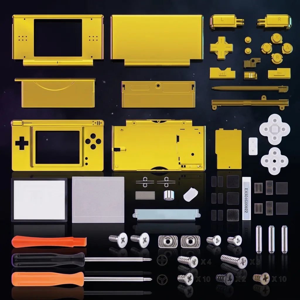 Midas chrome gold DS Lite replacement shell kit parts flat-laid on a dark backdrop, full ModxGaming UK housing set