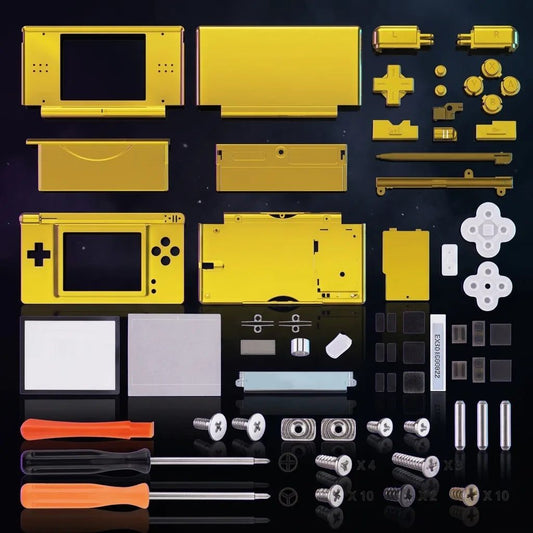 Midas chrome gold DS Lite replacement shell kit parts flat-laid on a dark backdrop, full ModxGaming UK housing set