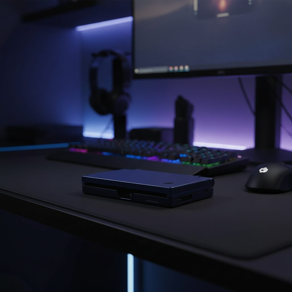 Deep navy Midnight Abyss DSi housing on a gaming desk lit purple, modded Nintendo DSi shell UK